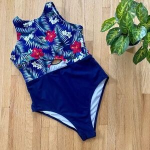CUPSHE Hibiscus High Neck Keyhole One Piece Navy Floral Bathing Suit Size M